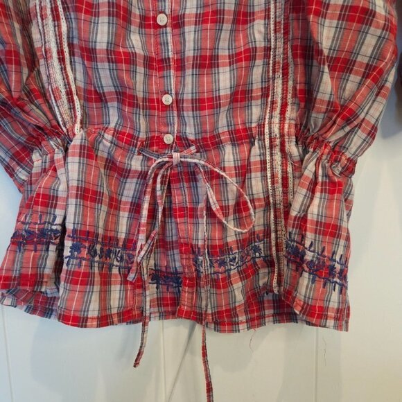 Pepe Jeans London Top Medium Marguerite Red Check Embroidered Western Prairie - Picture 2 of 9